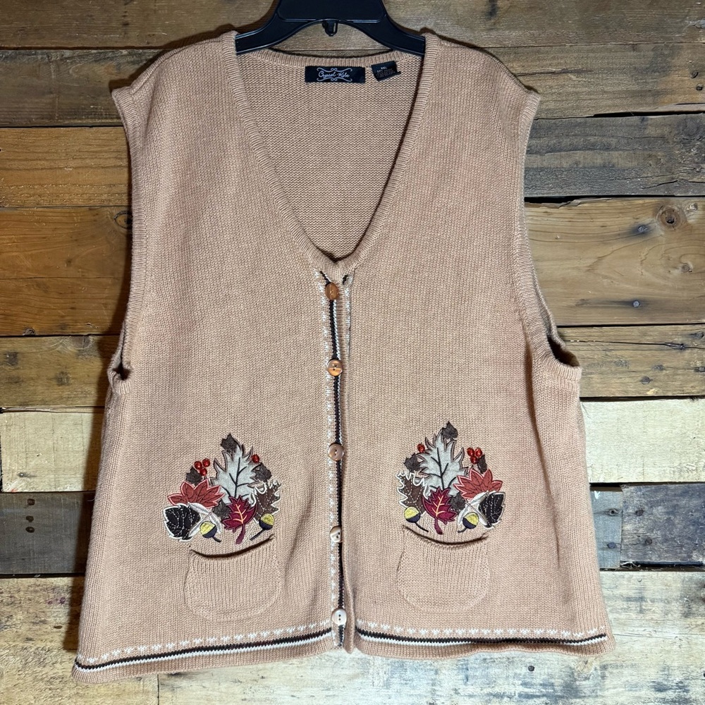 Crystal Kobe Vintage Knit Sweater Vest Womens XXL Autumn Fall Acorn Leaves‎ 90s
